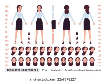 Businesswoman DIY character constructor. Office girl figure parts. Head, leg, hand gestures, female manager different emotions. Vector flat style cartoon construction kit isolated on white background