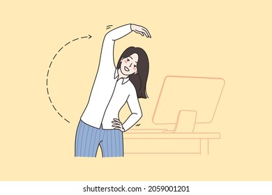 Businesswoman Do Gymnastics Near Computer At Workplace. Smiling Woman Employee Have Workout In Office, From Muscle Strain Or Spasm. Sedentary Work, Healthy Lifestyle. Vector Illustration.