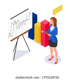 Businesswoman do presentation with 3d chart. Female with presentation board. Isometric Business worker illustration concept. Vector