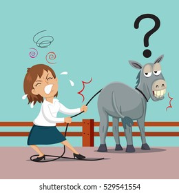 Businesswoman do pull fool donkey, vector illustration cartoon