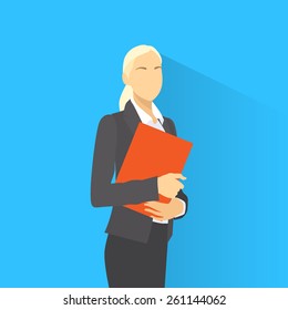 Businesswoman with document clipboard and pen wear suit flat icon vector illustration