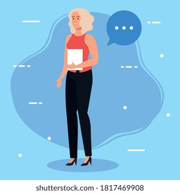 businesswoman with document and speech bubble vector illustration design