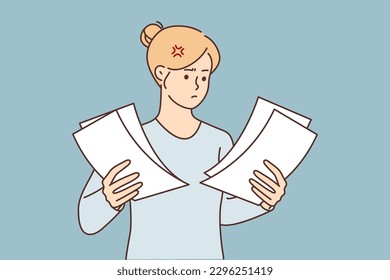 Businesswoman with lot of documents in hands is unhappy with received letter from tax office or room from bank. Unhappy girl holding business documents feel stressed while doing paperwork