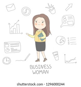 Businesswoman with documents and papers. Office worker concept. Cute girl wearing yellow shirt and black skirt.  Working female character in a flat style. Hand drawn charts, diagrams, office stuff