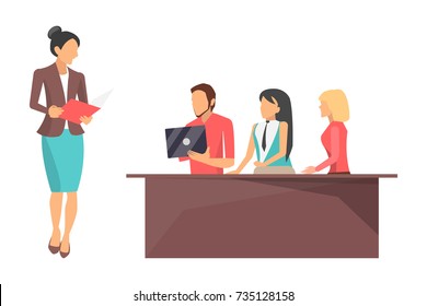 Businesswoman with documents and people sitting at desk, listening to her on conference, vector illustration isolated on white background