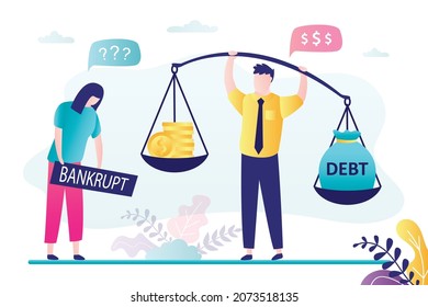 Businesswoman does not have enough money to pay off debts. Tax inspector holds scales with coins and debts. Banker came to bankrupt woman. Lack of funds to pay. Financial crisis. Vector illustration