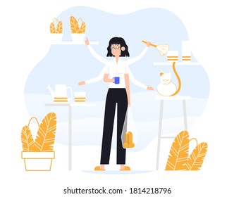 Businesswoman does several things at once time  Color vector flat cartoon icon