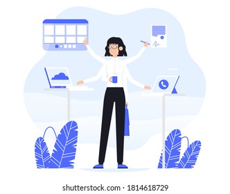 Businesswoman does several things at once time  Color vector flat cartoon icon