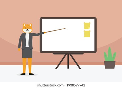 Businesswoman with dog head showing empty whiteboard in office