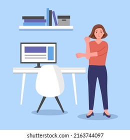 Businesswoman doing exercise in office concept vector illustration. Office syndrome prevention. Stretching exercise.