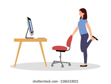 Businesswoman doing exercise in office concept vector illustration. Office syndrome prevention. Stretching exercise.