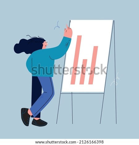 Businesswoman doing flip chart presentation. Office worker presenting financial report, project brief at meeting, workshop, course, lecture concept flat vector illustration