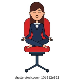 businesswoman doing the lotus position in office chair