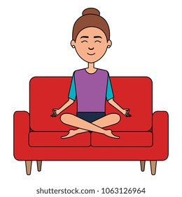 businesswoman doing the lotus position in the sofa