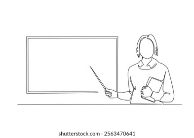 businesswoman doing presentation with whiteboard in continuous one line drawing. Teacher and whiteboard in single line art illustration. Editable vector.  