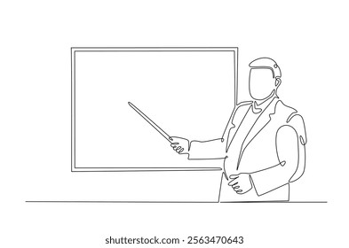 businesswoman doing presentation with whiteboard in continuous one line drawing. Teacher and whiteboard in single line art illustration. Editable vector.  