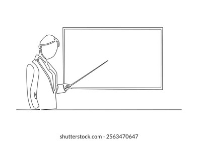 businesswoman doing presentation with whiteboard in continuous one line drawing. Teacher and whiteboard in single line art illustration. Editable vector.  