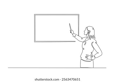 businesswoman doing presentation with whiteboard in continuous one line drawing. Teacher and whiteboard in single line art illustration. Editable vector.  