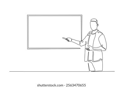 businesswoman doing presentation with whiteboard in continuous one line drawing. Teacher and whiteboard in single line art illustration. Editable vector.  