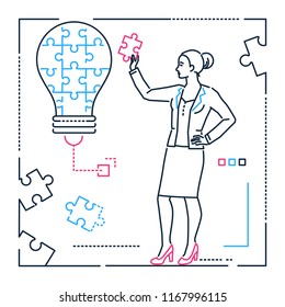 Businesswoman doing puzzle - line design style illustration on white background. Metaphorical image of a lightbulb. Woman, girl, female putting pieces together, looking for ideas. Creativity concept