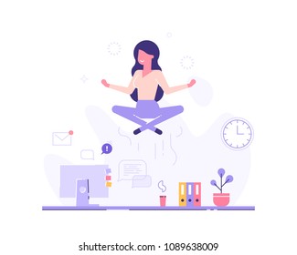 Businesswoman doing yoga to calm down the stressful emotion from hard work in office over desk with office process icons on background. Concept of meditation. Modern vector illustration.