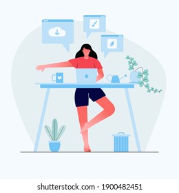 Businesswoman doing yoga to calm down the stressful emotion from hard work in home backside desk with business process icons on background. Concept of work and meditation. Modern vector illustration.
