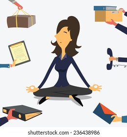 Businesswoman doing Yoga to calm down the stressful emotion from multi-tasking and very busy working. 