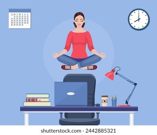 Businesswoman doing yoga to calm down the stressful emotion from hard work in office over desk with office Concept of meditation . Vector illustration in flat style