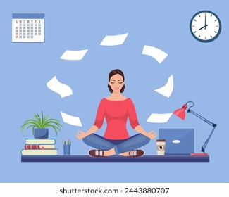 Mujer de negocios haciendo yoga para calmar la emoción estresante del trabajo duro en la oficina sobre el escritorio con la oficina Concepto de meditación . Ilustración vectorial en estilo plano