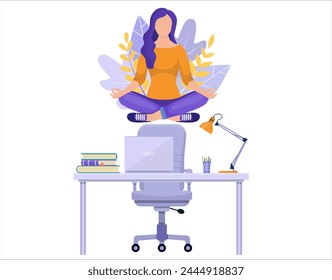 Businesswoman doing yoga to calm down the stressful emotion from hard work in office over desk with office Concept of meditation . Vector illustration in flat style