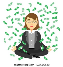 Businesswoman doing yoga meditation with dollars banknotes flying in the air.  Business success concept vector cartoon illustration