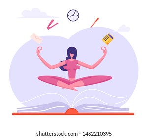 Businesswoman Doing Yoga Meditation in Lotus Posture with Office Supplies Soaring over Huge Book to Calm Down Stressful Emotion From Hard Work. Worker Relaxation. Cartoon Flat Vector Illustration