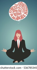 Businesswoman doing yoga. Meditation. Relaxing and letting go of the difficulties. Retro style.