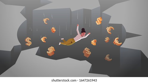 businesswoman with dollar euro signs falling down in hole abyss financial crisis bankruptcy concept horizontal full length vector illustration