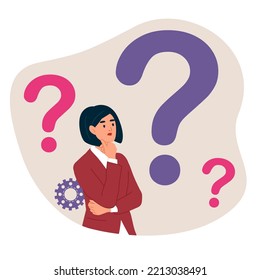 Businesswoman doubts and questioning everything. Young girl surrounded by a question mark. Flat cartoon vector illustration.