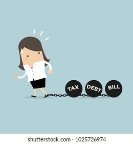 Businesswoman dragging chains and big ball, Debt Tax and Bill burden concept. vector