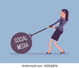 Businesswoman dragging a giant heavy weight on chain, written Social Media on a ball. Cartoon vector flat-style concept illustration