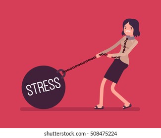 Businesswoman dragging a giant heavy weight on chain, written Stress on a ball. Cartoon vector flat-style concept illustration