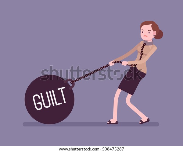 Businesswoman dragging a giant heavy weight\
on chain, written Guilt on a ball. Cartoon vector flat-style\
concept\
illustration