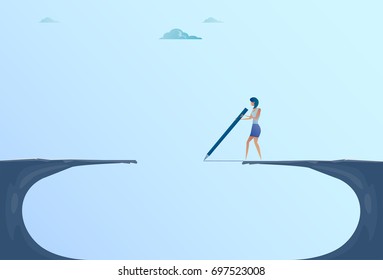 Businesswoman Drawing Bridge Walking Over Cliff Gap Mountain Business Woman Risk Concept Flat Vector Illustration