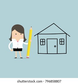 Businesswoman drawing house plan by pencil. vector