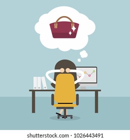 Businesswoman dreaming about new handbag. Vector