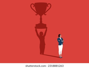 Businesswoman dreams of award for winning business success. Confident handsome young girl standing winner shadow. Flat vector illustration