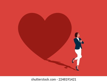 Businesswoman dreams of to be beloved. Confident handsome young woman standing heart shadow concept illustration.