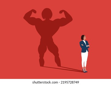 Businesswoman dreams of becoming a bodybuilding. Confident handsome young woman standing bodybuilding shadow concept illustration.
