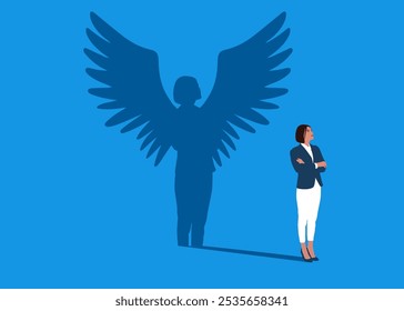 Businesswoman dreams of becoming a superhero, arms crossed casting a shadow with wings angel. Power, ambition. Flat vector illustration