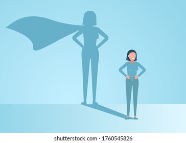 businesswoman dreams of becoming a superhero. Confident handsome young businessman standing superhero shadow concept illustration