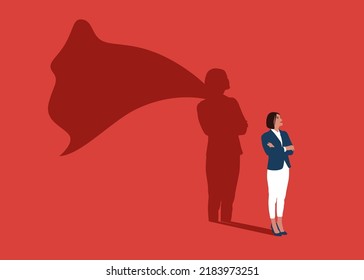 Businesswoman dreams of becoming a superhero. Confident handsome young woman standing superhero shadow concept illustration.