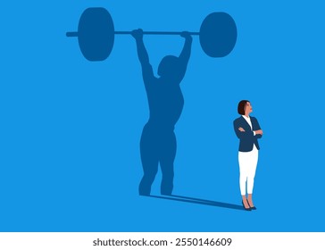 Businesswoman dreams of becoming a weightlifting. Confident young elegant woman throws away shadow at his strong athlete weight lifting with barbell.  