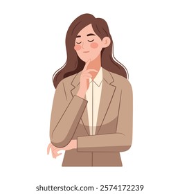 A businesswoman dressed in a smart business suit. Her face expression reflects contemplation. Manager career, flat cartoon style. Vector illustration isolated on white.